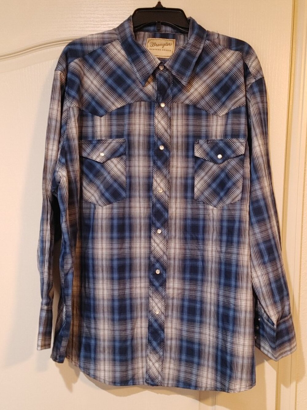 Wrangler Mens Blue Plaid Western Pearl Snap Shirt 2XL